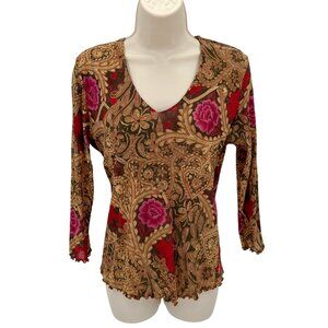 Therapy Womens Brown Boho Floral Print V Neck Long Sleeve Fitted Top Size L